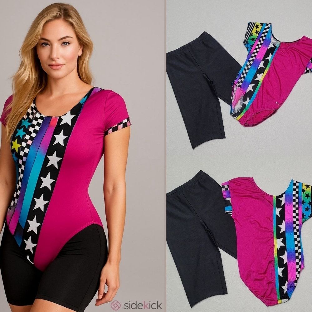 Solar Vintage 70s Pink Geometric Print Bodysuit Black High Waisted Pants Set XL